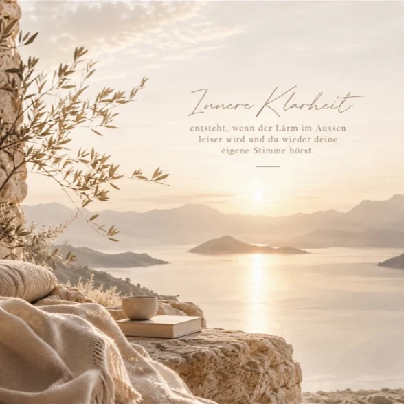 Symbolmotiv Innere Klarheit: Sitzplatz mit Buch und Tasse mit Blick aufs Wasser